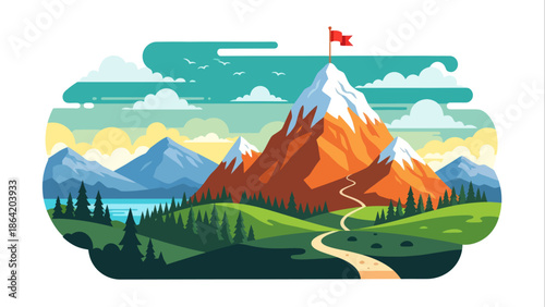 Success Journey Flat vector illustration showing a winding path to a triumphant flag on a mountain peak, symbolizing achievement and goal attainment