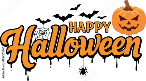 Happy Halloween Typography with Bats and Spiders