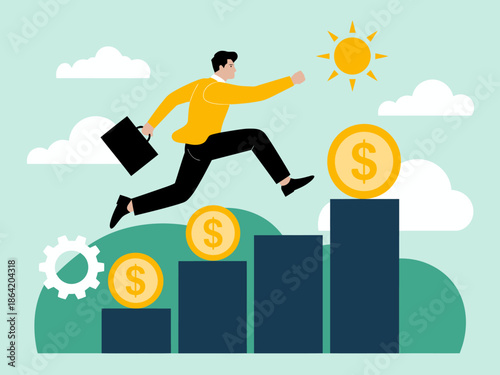 A dynamic depiction of an entrepreneur leaping over obstacles, symbolizing ambition and determination while highlighting the journey to success in a visually inspiring manner.