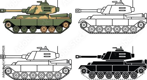 Military Tank silhouette & Outline and illustration set isolated on transparent background
