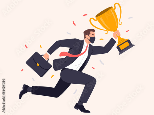 A determined businessman in a suit, wearing a mask, runs triumphantly with a large golden trophy raised high, symbolizing victory, achievement, and success in a festive atmosphere.