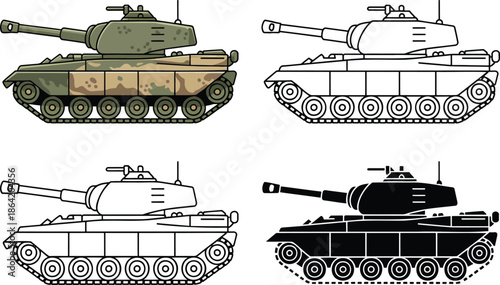 Military Tank silhouette & Outline and illustration set isolated on transparent background