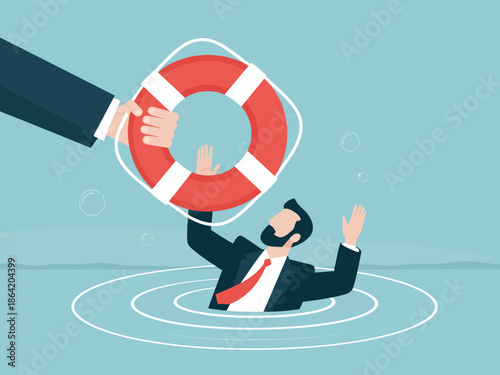 This compelling image shows a businessman in distress reaching for a lifebuoy, symbolizing help, support, and the importance of assistance during challenging times in life.