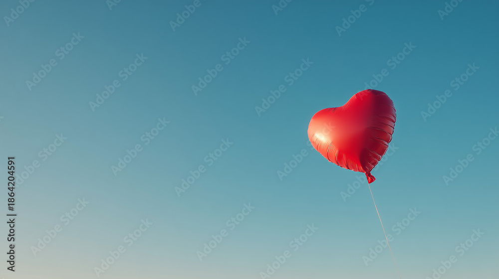 Fototapeta premium Red heart balloon floating outdoors against a blue sky