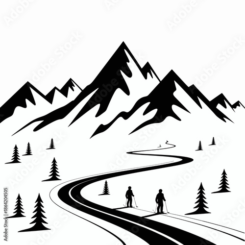 This image captures two skiers navigating a winding path through a snow-blanketed terrain, surrounded by majestic mountains and evergreen trees, evoking tranquility.