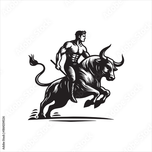 A muscular man riding a bull with a vector illustration style and logos on a white background conveying a dynamic mood.