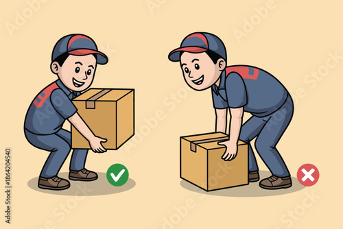 Proper and Improper Lifting Techniques for Heavy Boxes, cartoon vector illustration showing safe manual handling, correct posture, workplace ergonomics, injury prevention, and delivery worker safety.