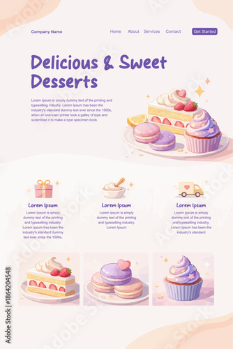 A cute and modern dessert website landing page design featuring sweet pastry illustrations such as cakes, cupcakes, macarons, and gifts. This clean and minimalist layout uses soft pastel colors and fr