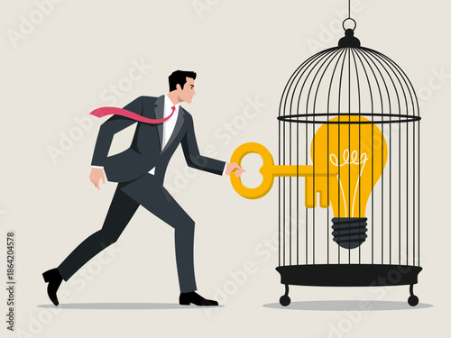 The image captures a businessman using a giant key to unlock a lightbulb trapped in a birdcage, symbolizing the release of innovative ideas for business growth and success.