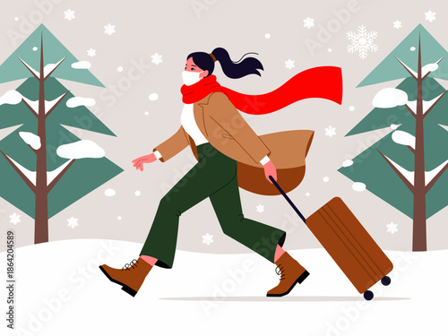 This image portrays a young woman wearing a mask, carrying a suitcase while walking through a snowy landscape, representing travel and exploration during winter seasons amidst challenges.