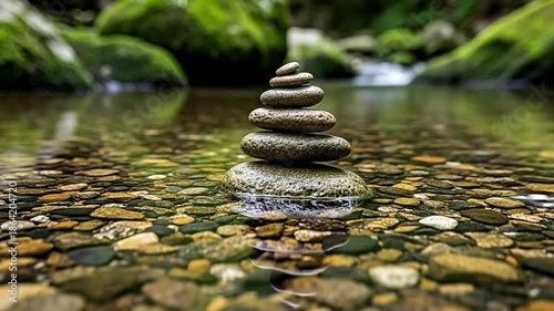 Zen Stone Stack Balanced in Serene River Water with Lush Greenery.