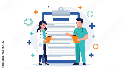 Flat vector illustration of medical professionals holding clipboards and discussing patient records with medical symbols in the background