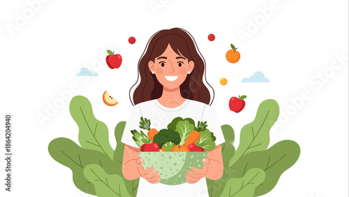 Healthy Eating Flat Vector Illustration of a Woman Holding a Bowl of Fresh Vegetables and Fruits
