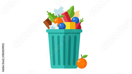 Flat vector illustration of a trash can overflowing with garbage and a single orange beside it