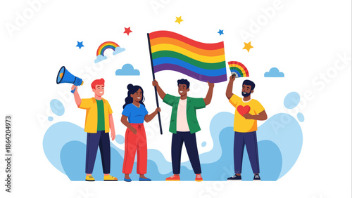 Flat vector illustration of a diverse group of people celebrating pride with a rainbow flag