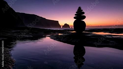Zen balanced stones on tranquil ocean shore at sunset.