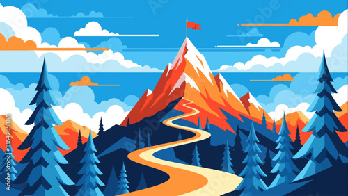 Flat vector illustration of a winding path leading to a mountain peak with a flag, symbolizing achievement and success