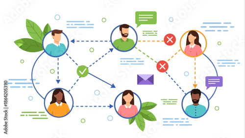 Communication Network Flat Vector Illustration, People Connected in Digital Social Media Concept