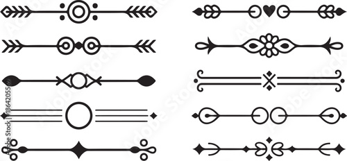 Set of ten varied ornamental dividers featuring arrows, circles, and charming heart shapes for design projects