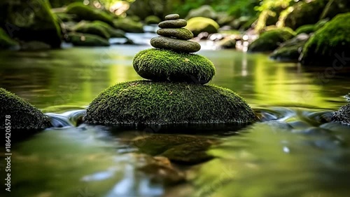 Zen stone stack balanced on mossy rock in flowing stream.