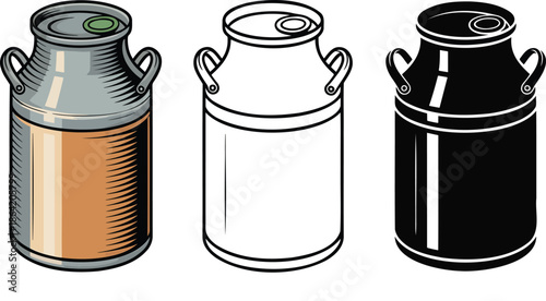 Milk can silhouette & Outline and illustration set isolated on transparent background