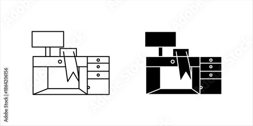 Office Desk Icon Line Style  Office desk icon in outline style showing workspace furniture with drawers and documents. Suitable for office, workplace, study, and business concepts.