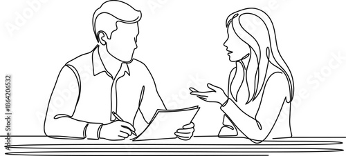 Minimalist one line art of professional business colleagues discussing contract details during an office meeting for collaborative corporate team work