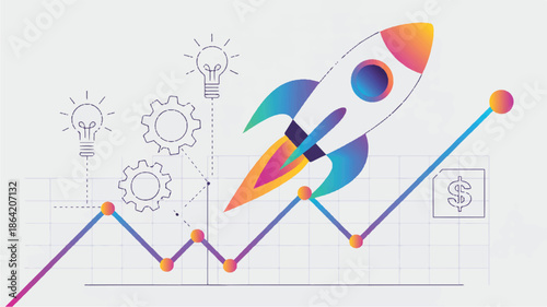 business growth chart with rocket and light bulb ideas