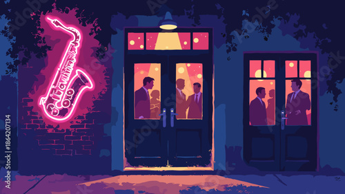 A jazz club entrance in New Orleans. Neon pink saxophone sign. Gold light spilling from the door. Indigo brick wall. Vector illustration