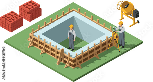 Isometric construction foundation illustration showing concrete formwork, workers, surveying equipment, bricks, and cement mixer for building and engineering projects