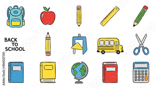 Collection of Colorful School Supplies and Educational Icons for Back to School Season