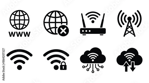 Black icons internet global network wifi router and antenna on transparent background