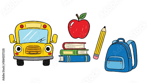 Back to School Supplies Cartoon Bus Apple Books Pencil and Backpack Collection