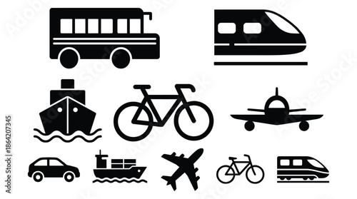 Large collection of black silhouette vector transportation icons representing various modes including bus train ship airplane car and bicycle