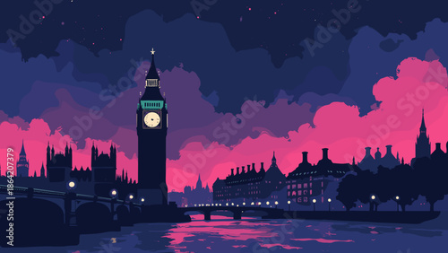 London Big Ben clock face glowing gold in a dark tower. Neon pink fog swirling around the base. Black Thames river. Vector art