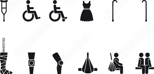 Disability and Rehabilitation Silhouette Icons Set with Wheelchair Users, Crutches, Canes, Prosthetics, Medical Aids, and Accessibility Symbols Vector