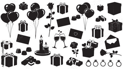Collection of Romantic Silhouettes for Valentine's Day Featuring Hearts, Gift Boxes, Roses, Wine Glasses, and Rings