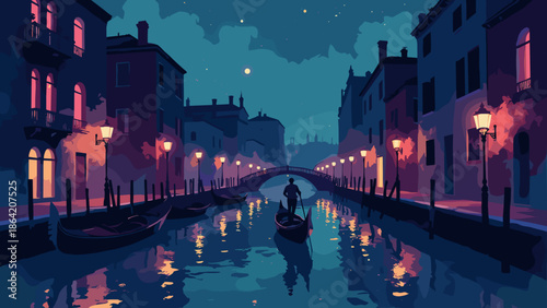 Venice canal at night. A gondola silhouette (no person). Gold street lamps reflecting in indigo water. Pink windows in black buildings. Flat design