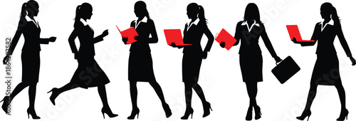 Professional businesswomen silhouettes walking in sequence holding red documents, corporate female workforce concept, leadership, career growth, teamwork vector illustration