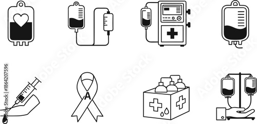 Medical Blood Donation and IV Therapy Line Icons Set with Blood Bags, Infusion Pump, Syringe, Awareness Ribbon, and Donation Supplies Vector