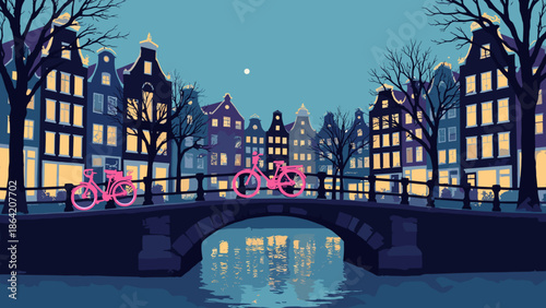 Amsterdam canal houses with stepped gables. Black silhouettes. Gold windows. Neon pink bicycle leaning on a bridge. Indigo sky. Vector illustration