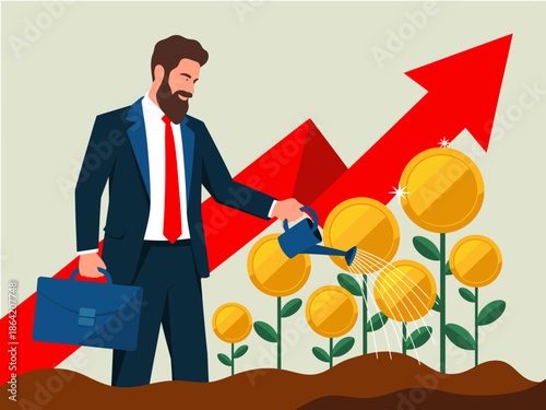 A businessman in a suit is watering golden flowers symbolizing growth, success, and prosperity, illustrating the nurturing required to achieve economic goals.