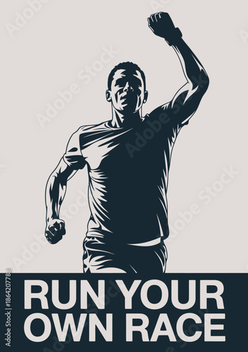 A strong silhouette of a runner in motion represents the concept of individual determination and personal growth, encouraging viewers to pursue their own path and unique goals.
