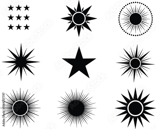 Black star and sunburst silhouette icons set with various pointed shapes and radiant rays for rewards sparkling effects and celebration.