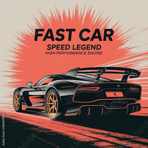 An eye-catching illustration of a sleek sports car, depicted in motion with stylized speed lines, representing power, performance, and the thrill of driving.