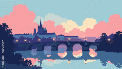 Prague Charles Bridge statues in silhouette. Gold gas lamps. Pink mist rising from the river. Indigo gothic spires. Vector art