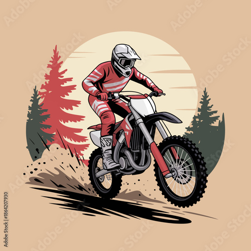 A dynamic illustration of a motocross rider skillfully navigating through a dirt trail, showcasing the thrill and excitement of off-road motorcycle racing in nature.