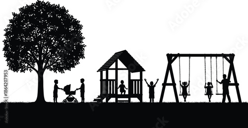 Playground silhouette with families and children, outdoor park scene showing joyful play, swings, stroller, kite flying, and community interaction