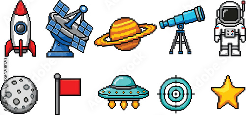 Pixel Art Space and Astronomy Icons Set with Rocket, Satellite, Planet, Telescope, Astronaut, UFO, Moon, Target, Flag, and Star Vector