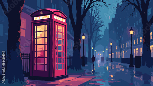 A rainy London phone booth (stylized). Glowing pink instead of red. Gold interior light. Black street. Indigo rain